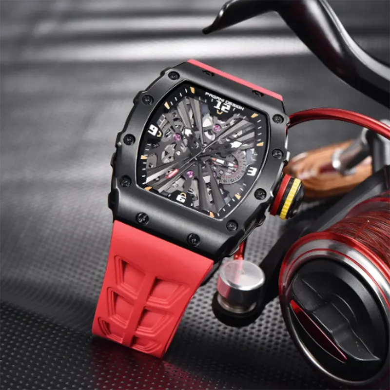 Pagani Design Black Skeleton Dial Red Strap Men's Watch- PD-1738